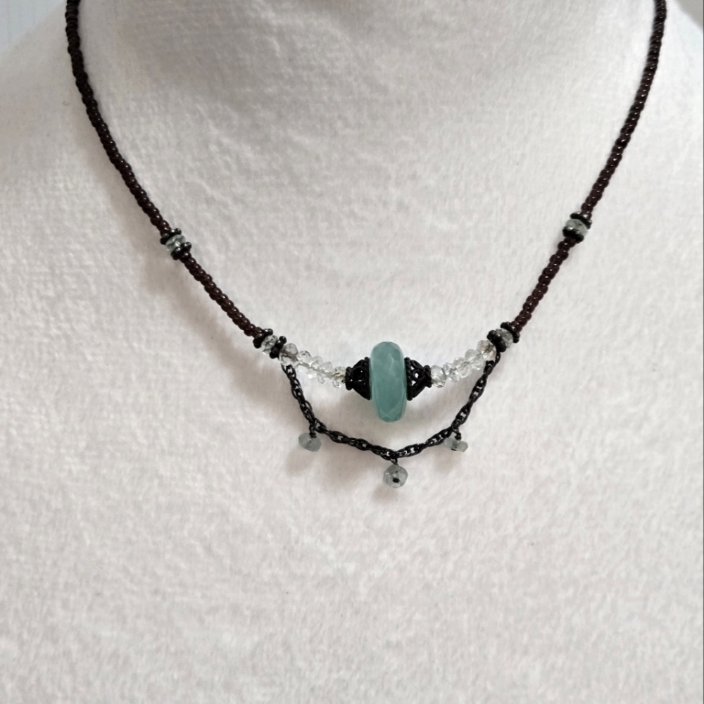 Elegant Beaded Necklace with Aqua and Bronze colored beads. Adjustable length - Picture 9 of 13